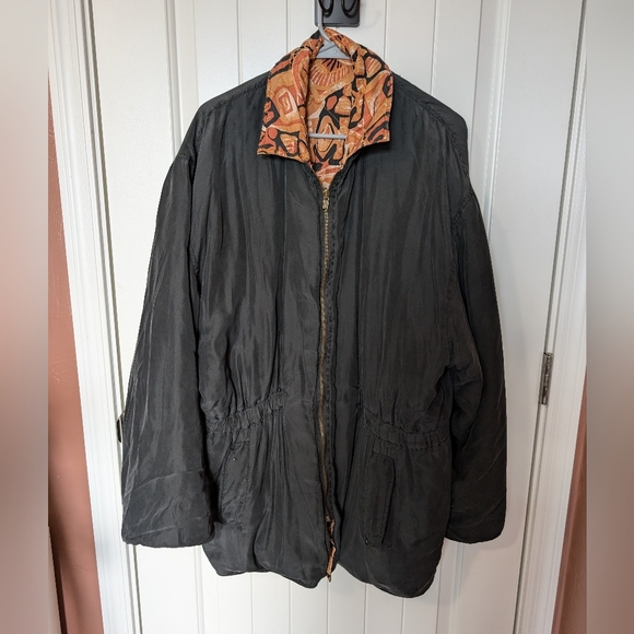 VTG ROBERT STOCK LIMITED Silk Quilted Jacket Women's Large Black/Orange - Picture 1 of 12